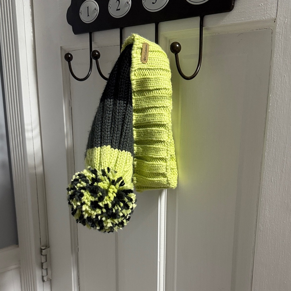 Women’s Striped Knit Pom-Pom Beanie - Light Green and Black